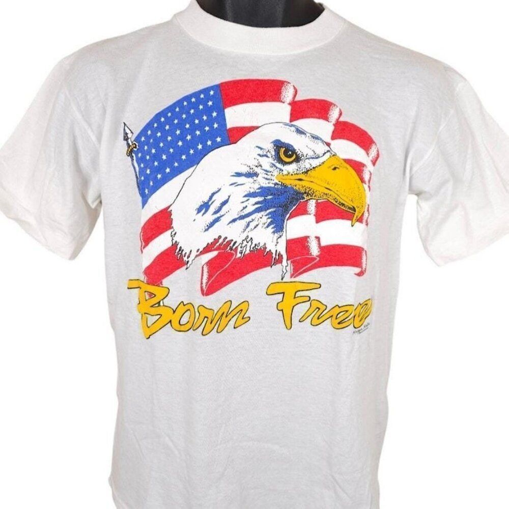 Vintage Bald Eagle T Shirt Mens Size Medium White 80s 90s American Flag
